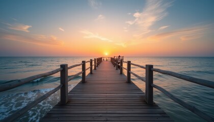 Obraz premium Serene Sunset Over Ocean Pier with Wooden Railings and Calm Water Reflections