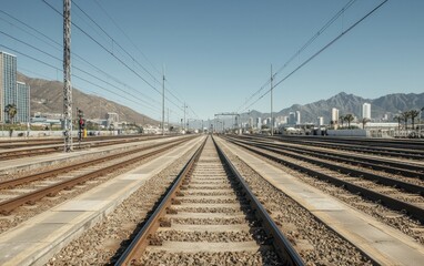 Fototapeta premium Train Tracks Leading to Mountains under a Clear Blue Sky