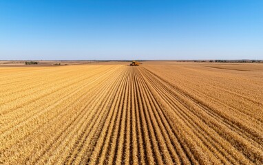 Aerial View of Golden Wheat Field Under a Clear Blue Sky