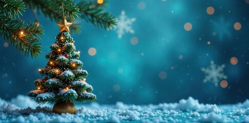 Obraz premium Ornament with Christmas tree and snowflakes hanging on blue background , frost, snow