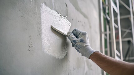 A plasterer smoothing the surface of a drywall at a construction site. Featuring craftsmanship and efficiency