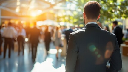 A professional man in a suit stands with his back to a bustling event filled with people and warm sunlight reflecting off surfaces.
