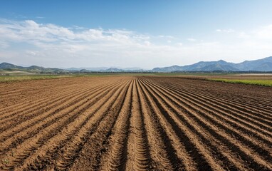 Plowed Field Under a Bright Blue Sky with Distant Mountains