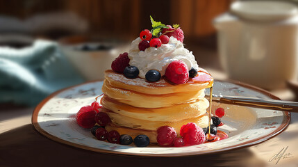 Fluffy pancakes with berries and whipped cream on top