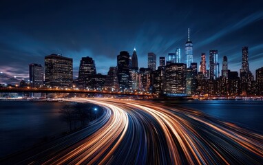 Fototapeta premium Stunning city skyline with vibrant light trails captured in long exposure.