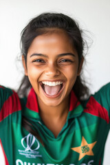 extremely happy and excited young cricket fan, woman is cheering wears a green and red jersey