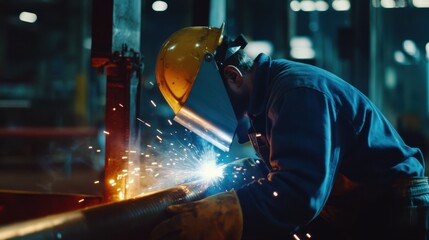 A construction worker welding pipes together in a factory. Featuring expertise and precision