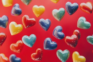 Colorful hearts float playfully on a vibrant red background creating a lively atmosphere, colorful hearts moving randomly on a red background
