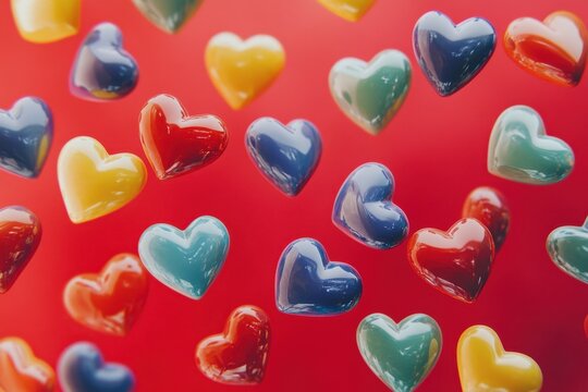 Colorful hearts float playfully on a vibrant red background creating a lively atmosphere, colorful hearts moving randomly on a red background
