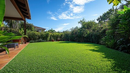A wide backyard with lush green grass and an open blue sky, with no trees or structures 