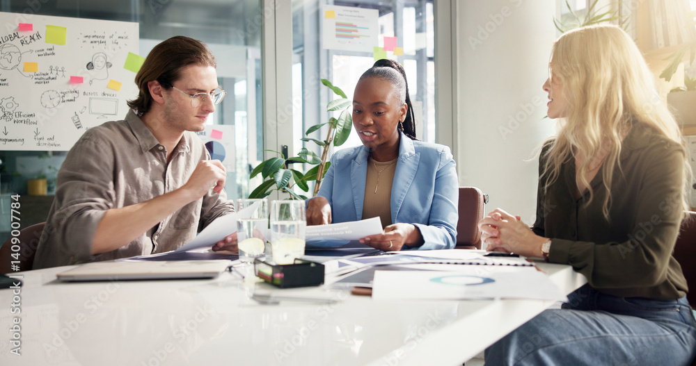 Poster data, marketing strategy and meeting with business people in office for design discussion or plannin