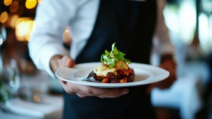 Waiter serving a dish at a fine dining restaurant. Featuring service and elegance