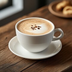 A cup of coffee sits on a saucer beside a plate of donuts.