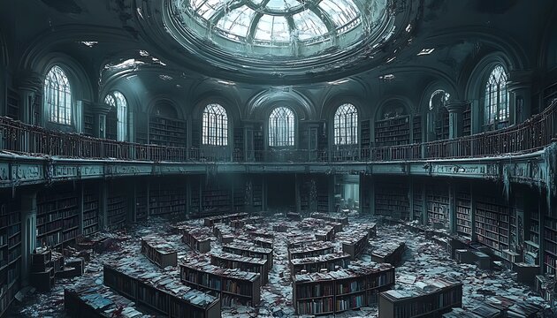 Abandoned library, grand hall, eerie light