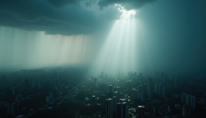 Dramatic Cityscape Under Dark Clouds and Sunlight Breaking Through Rain