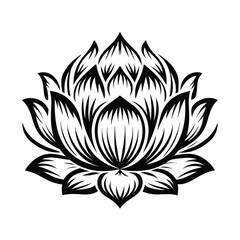 Striking Black and White Lotus Flower Bloom Detailed Silhouette on Isolated Background