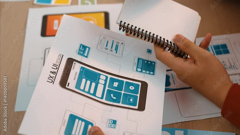 Poster panorama video of startup company employee planning on user interface prototype for mobile applicati