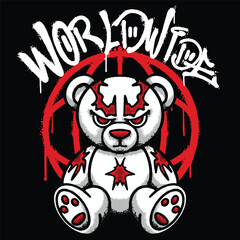 Fierce Teddy Bear Illustration with slogan Worldwide Urban Streetwear Art