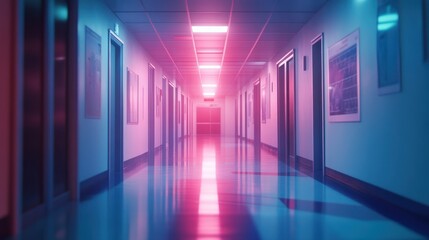 Fototapeta premium A vibrant corridor illuminated by colorful lights, showcasing a modern and minimalistic architectural design.