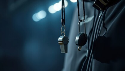 Referee's Whistle and Timer Close Up Shot Sports Official's Equipment