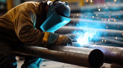 A construction worker welding steel pipes for a plumbing system. Featuring welding and industrial construction