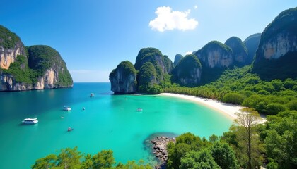 Fototapeta premium Serene Beach Landscape with Turquoise Water and Lush Green Cliffs in Tropical Paradise