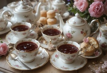 Fototapeta premium Elegant Floral Tea Party: Delicate Porcelain and Sweet Treats