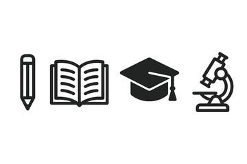 Flat academic icons covering writing, reading, studying, and research