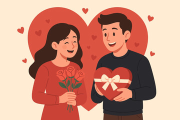 A romantic scene featuring two individuals and a large heart is depicted in a flat style.