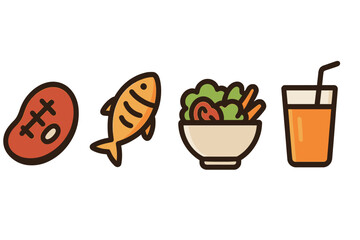 Food icons covering main course, seafood, healthy greens, and beverage