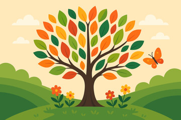 Fototapeta premium A serene landscape featuring a tree with lush foliage and intricate garden elements