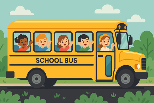 Vibrant depiction of children in a sunny yellow school bus