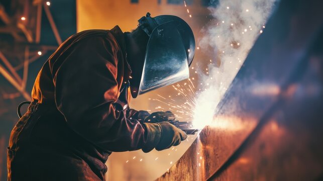 A shipyard worker welding metal plates on a cargo vessel. Featuring craftsmanship and durability