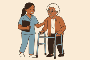 Flat caregiving scene emphasizing medical assistance for seniors