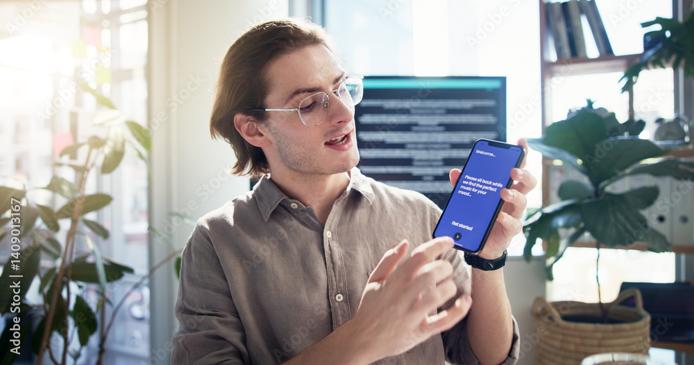 Poster phone screen, business man and webinar presentation for software development, music app and funding.