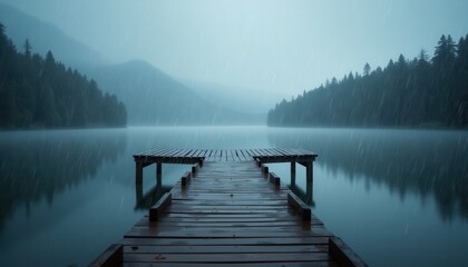 Fototapeta premium Serene Rainy Day at Quiet Lake with Wooden Dock Surrounded by Misty Mountains