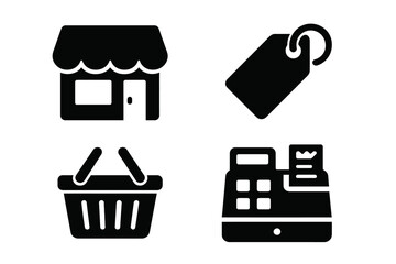 Symbols of retail that embody fundamental commercial necessities.Images that signify the core elements of business transactions