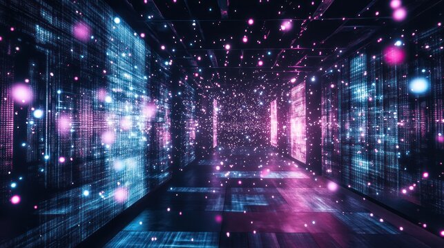 Futuristic digital space filled with vibrant particles and light, representing advanced technology and innovation.