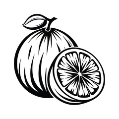 Black and White Citrus Fruits Whole Orange and Slice, Minimalist Style, Clean Lines