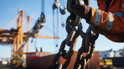 A crane rigging specialist securing heavy loads at a dockside shipping yard. Featuring expertise and logistics