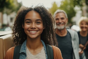 Fototapeta premium Smiling teen girl carries boxes with family in background on moving day. Perfect image to show a family supporting their child's independence.