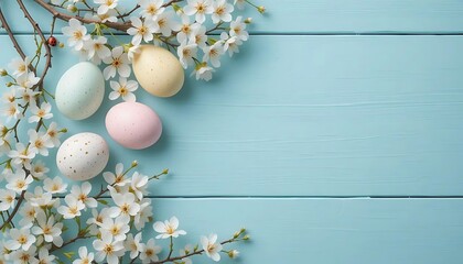 Obraz premium Easter eggs, spring blossoms, pale blue wooden background, delicate white flowers