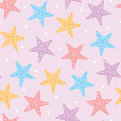 Vector pattern with colored starfish on a purple background