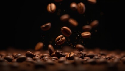 Obraz premium Coffee Beans Falling Against Dark Background with Roasted Ground Coffee Surface