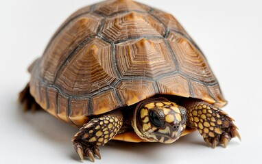 Fototapeta premium Brown Tortoise with Yellow Markings on White Background