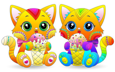 A set of stained glass illustrations with cute kittens, animals isolated on a white background