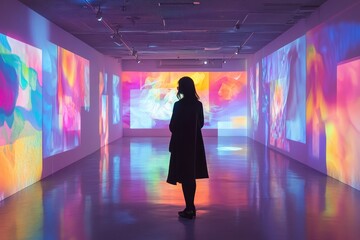 A woman views vibrant abstract art projections in a modern gallery space. Ideal for themes about culture, art, technology, or contemplation.