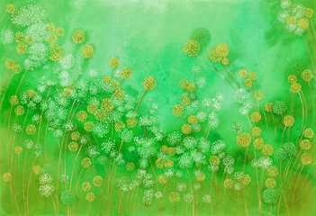 Bright green Nature floral landscape. White and yellow Flowering twig on spotted green background. Artistic spring or summer background. Watercolor painting on textured paper