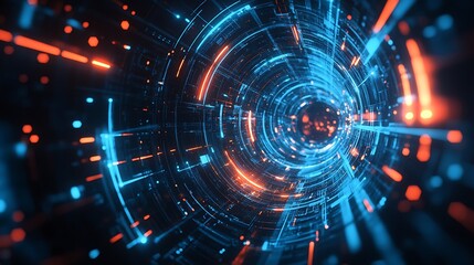 Obraz premium Abstract Digital Tunnel With Blue And Orange Lights And Data Stream Inside Dynamic Concept