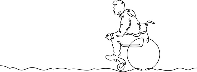 Obraz premium Continuous one line drawing man sitting in a wheelchair. Disabled person riding in a wheelchair